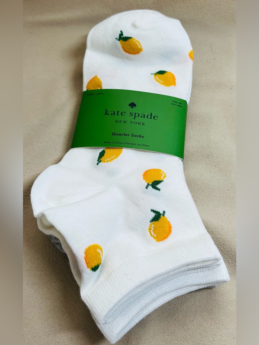 kate spade Quarter Socks with Yellow Lemon & Spade Motifs. NWT - 3 Pair